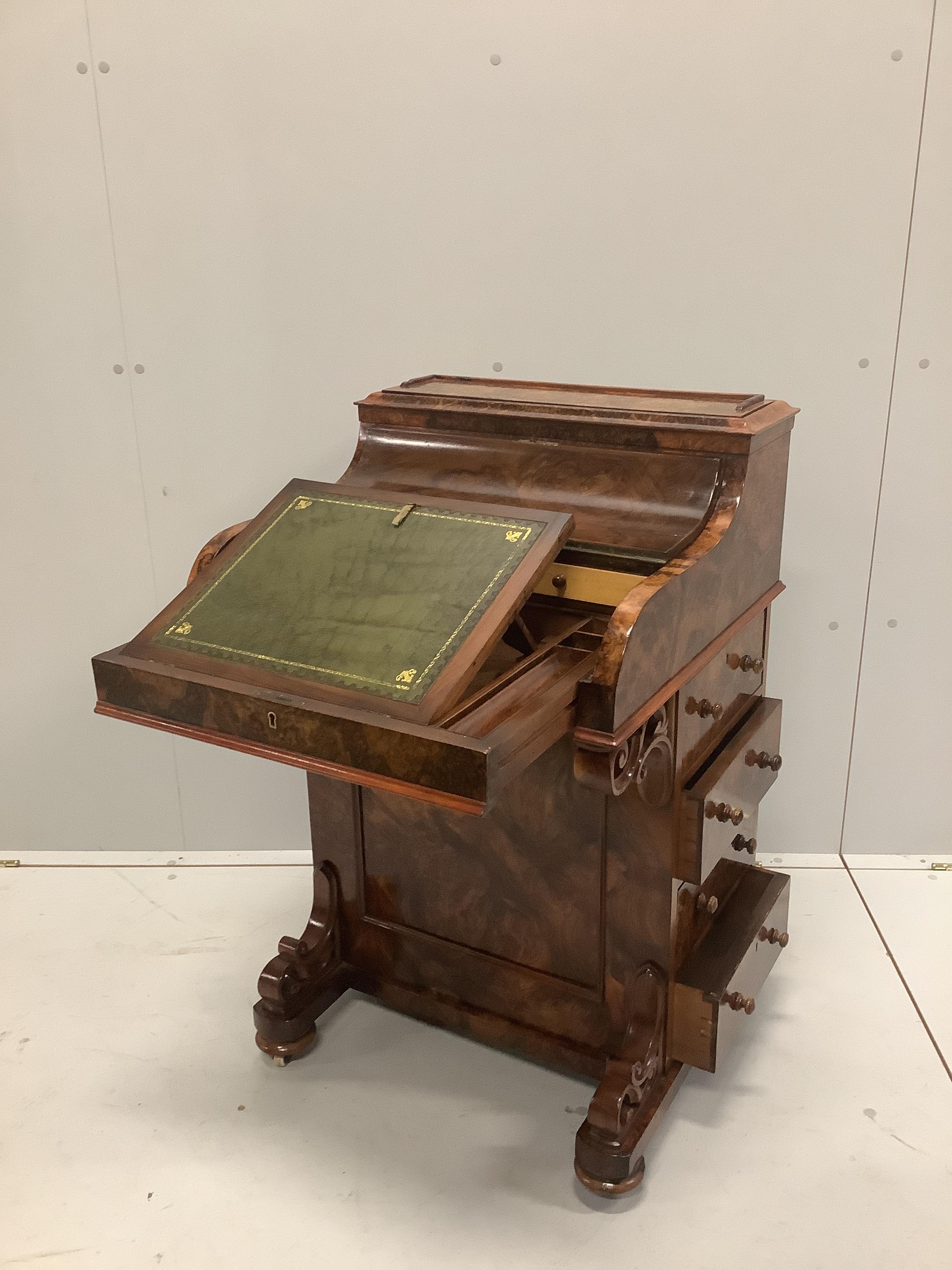 A Victorian burr walnut piano top pop-up Davenport, width 57cm, depth 56cm, height 89cm